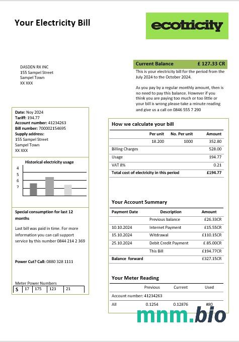 Wielka Brytania Ecotricity electricity rachunek za usługi komunalne szablon w formacie Word i PDF